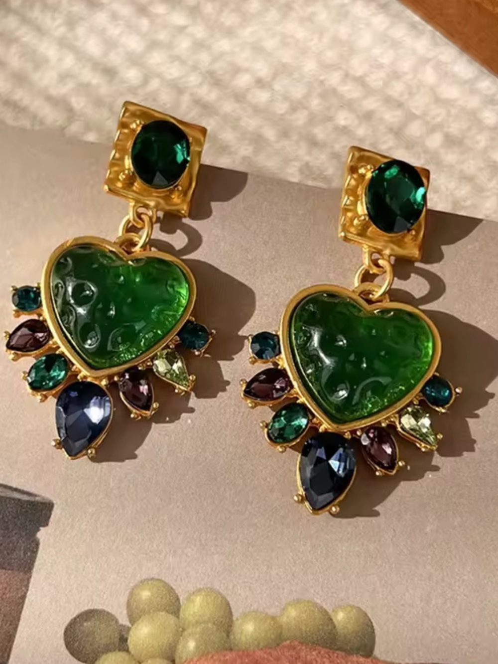 Anthropologie Gold-Tone Earrings with Green Heart and Multicolored Gems